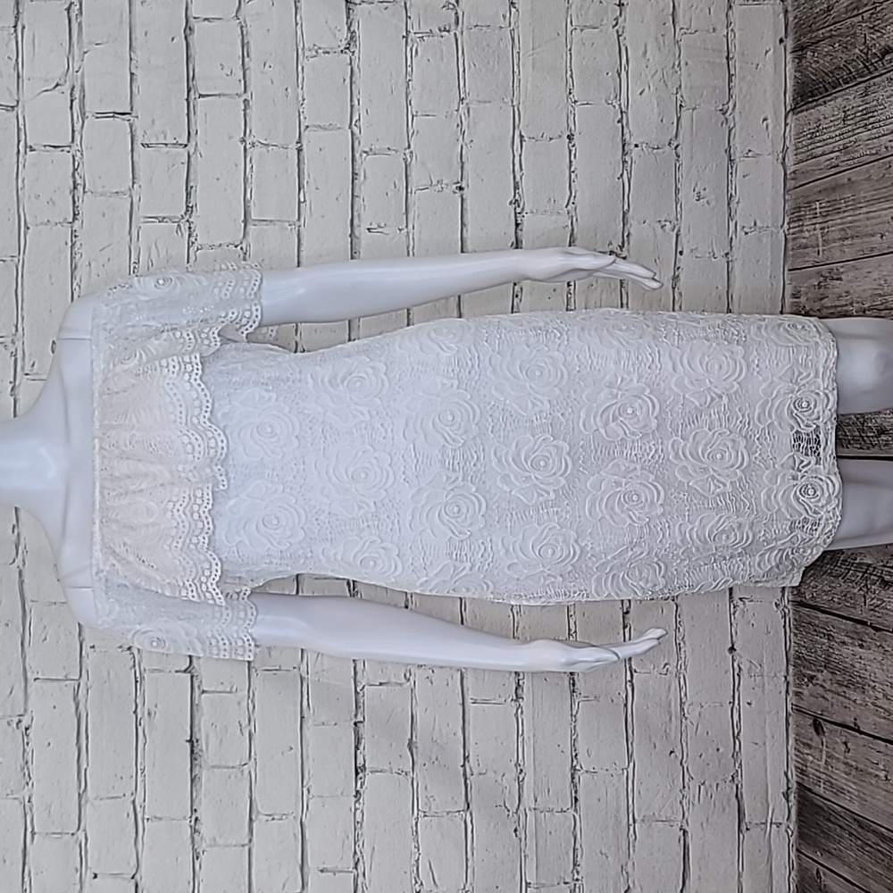 Mesmer Fitted Off Shoulder Scalloped Floral Lace Fitted Bodycon Mini Dress White
